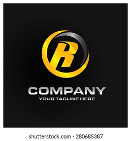 Letter R logo , Orange and gray Metal abstract glossy logo on black background . Place for Company name and tag line . Business logo - vector illustration
