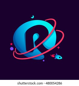Letter R logo with planet, rocket and orbits lines. Bright vector design for science, biology, physics, chemistry company.