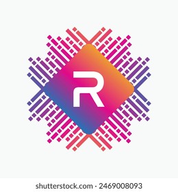 letter R Logo with Pulse music player element. Logo template electronic music, equalizer, dj, nightclub, disco. Audio wave logo concept, Multimedia