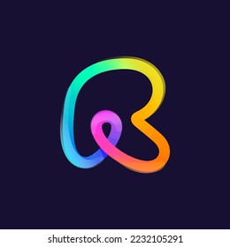 Letter R logo. Rainbow gradient one line icon. Overlapping multicolor emblem with glossy shine. Ideal for colorful app, street art design, bright advertising, toy packaging, multimedia identity.