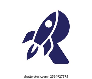 Letter R logo with rocket icon, Initial letter R monogram with a flying rocket ship silhouette icon