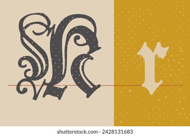 Letter R logo set. Medieval Polish blackletter calligraphy. 15th century Schwabacher Gothic type. Old German style font for fairy tale, premium newspaper headline, magic testament, heraldry manuscript