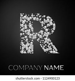 Letter R logo silver dots. Alphabet logotype with abstract silver bubbles shape on black background. Vector template for your design