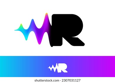 Letter R logo with sound wave flow. Vibrant line glitch effect. Multicolor neon gradient icon. Vector font for audio label, multimedia company advertising, DJ posters, game screens, music identity.