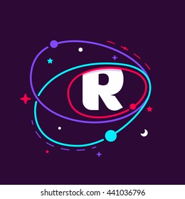 Letter R logo in space orbits, stars and and planets. Colorful vector design for app icon, corporate identity, card, labels or posters.
