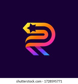 Letter R logo with star inside. Vector parallel lines icon. Perfect font for multicolor labels, space print, nightlife posters etc.