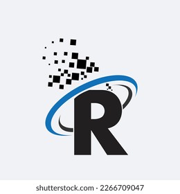 letter R logo symbol in the colorful circle with shattered blocks on white background. Pixel Motion. Template for your design