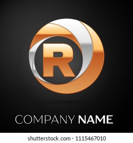 Letter R logo symbol in the golden-silver colorful circle on black background. Vector template for your design