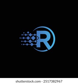 letter R logo with tech circle, R tech logo design template, Digital letter R logo