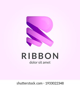 Letter R logo template with 3d ribbon shape gradient purple color