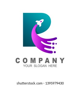 Letter r logo template design, airplane icon, logo r and rocket