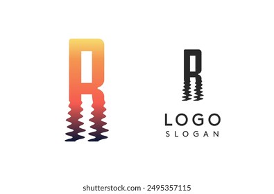 Letter R logo template, sunset reflection on water or sunset path logotype design for creative agencies, environment groups, design studios, tech companies, startups. Vector illustration