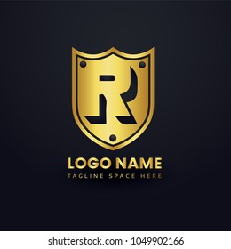 Letter R Logo Vector with Gold Emblem Shield Design.