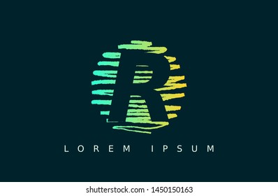 Letter R logo vector with green round. wood texture style