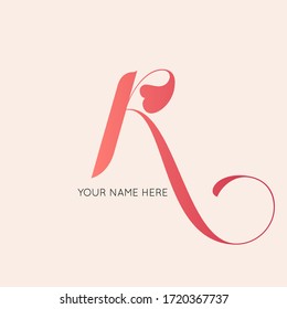 Letter R logo.Calligraphic icon isolated on light background. Lettering sign with heart shape and swirl. Red alphabet initial.Elegant, feminine, whimsical, wedding decorative script character.