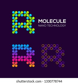 Letter R Logotype with Dots and Curve , Circle Shape and Line Connection, Molecule and Nano Technology logo, Innovation and DNA Icons, Medical Cosmetics Symbols, Science Laboratory Cell Signs