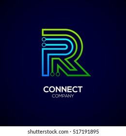 Letter R logotype green and blue color,Technology and digital abstract dot connection vector logo