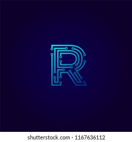 Letter R logotype Light blue neon Logo design template, Technology and digital abstract dot connection cross  vector concept logo