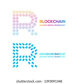 Letter R Logotype with Round Circle Dot and Cylinder shape Database backup logo, Technology Digital concept, FinTech Blockchain and Cryptocurrency Symbols, Server Big Data Processing and Network Signs