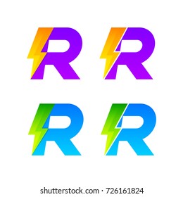Letter R logotype set with Thunder Electric logo, Energy, Power, Flash, Lighting Bolt colorful concept for your Corporate identity vector design template