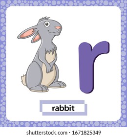 Letter R lowercase with cute cartoon Rabbit or Hare isolated on white background. Funny colorful flashcard Zoo and animals ABC alphabet. Education card for kids learning English vocabulary, alphabet.