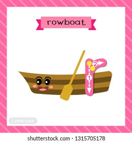 Letter R lowercase cute children colorful transportations ABC alphabet tracing flashcard of Rowboat for kids learning English vocabulary and handwriting Vector Illustration.
