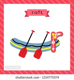 Letter R lowercase cute children colorful transportations ABC alphabet tracing flashcard of Raft for kids learning English vocabulary and handwriting Vector Illustration.