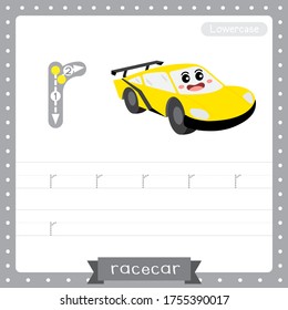 Letter R lowercase cute children colorful transportations ABC alphabet tracing practice worksheet of Racecar for kids learning English vocabulary and handwriting Vector Illustration.