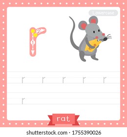 Letter R lowercase cute children colorful zoo and animals ABC alphabet tracing practice worksheet of Rat holding cheese for kids learning English vocabulary and handwriting vector illustration.