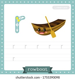 Letter R lowercase cute children colorful transportations ABC alphabet tracing practice worksheet of Rowboat for kids learning English vocabulary and handwriting Vector Illustration.