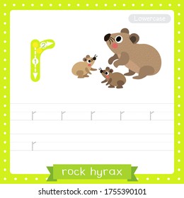 Letra R minúscula niños lindos y niños coloridos zoológico y animales ABC hoja de trabajo de práctica de seguimiento del alfabeto de la familia Rock Hyrax para niños aprendiendo vocabulario inglés y escritura a mano ilustraciones vectoriales.