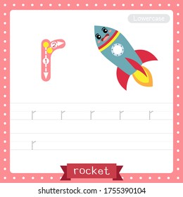 Letter R lowercase cute children colorful transportations ABC alphabet tracing practice worksheet of Rocket for kids learning English vocabulary and handwriting Vector Illustration.