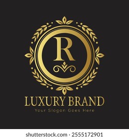 Letter R Luxury brand logo design with a royal gold crown emblem and elegant typography
