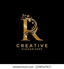 Letter R with Luxury Gold Flower logo design vector template, Initial Letter Professional logo for all kinds of business