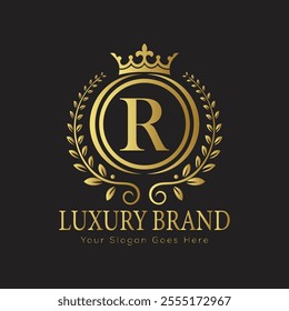 Letter R luxury gold logo concept brand logo design with a royal gold crown emblem and elegant typography
