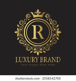 Letter R luxury gold logo concept brand logo design with a royal gold crown emblem and elegant typography
