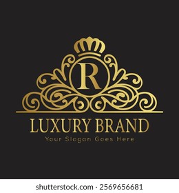 Letter R luxury gold logo concept brand logo design with a royal gold crown emblem and elegant typography
