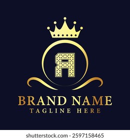 Letter R luxury gold logo concept brand logo design with a royal gold crown emblem and elegant typography
