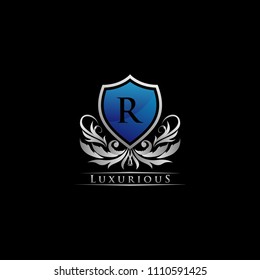 Letter R Luxury Guard Icon Logo. silver and blue color.