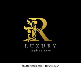 Letter R luxury logo icon, luxury gold flourishes ornament monogram design vector.