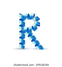 Letter R made of blue curled shiny ribbon