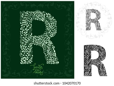 Letter R made with decorative leaves . Can be use as initial letter, monogram, logotype.  Variations on black and isolated on white backgrounds. Variant with frame and round frame, vector illustration