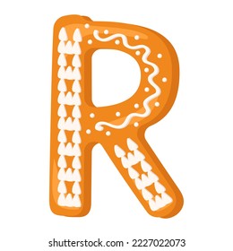Letter R made from glazed gingerbread. Festive font, symbol of Happy New Year and Christmas, sign and letters of different shapes. Vector flat illustration