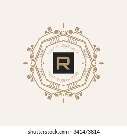 The letter R made in modern line style vector. Luxury elegant frame ornament and ethnic tribal elements. Example designs for Cafe, Hotel, Jewelry, Fashion, Restaurant 