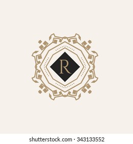 The letter R made in modern line style vector. Luxury elegant frame ornament and ethnic tribal elements. Example designs for Cafe, Hotel, Jewelry, Fashion, Restaurant 
