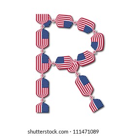 Letter R made of USA flags in form of candies on white background