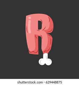 Letter R meat font. Pork and bone alphabet sign. Ham lettering. Beef ABC symbol
