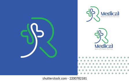 Letter R Medical care Logo for Health and Medical Service Brands, clinics, hospital with plus icon symbol