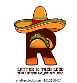 Letter R Mexican Meat Taco Dishes with Sombrero Hat Vector Logo Design Illustration Food on White Background for Restaurant and Cafe. Initial Typography Logotype Template