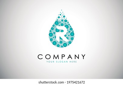 Letter R mineral water drop logo with bubble design elements, eps10.